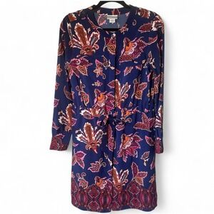 Liz Claiborne Navy Blue Paisley Print Long Sleeve Tie Waist Shirt Dress Size S